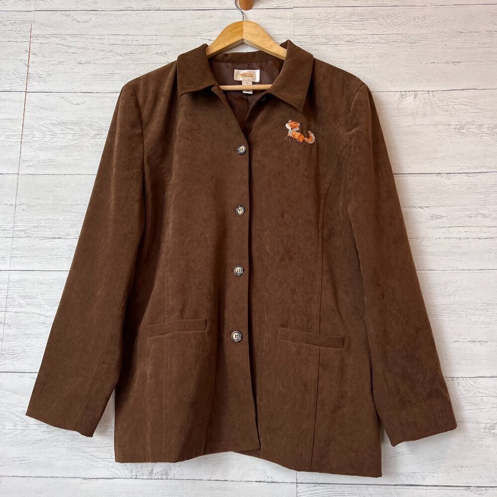 Talbots Blazer Jacket Womens Size Large Brown Suede Adorable Fox Patch Fall Wear